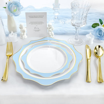 Goodluck 100- Piece Disposable Scalloped White with Blue Rim Plates for 50 Guests