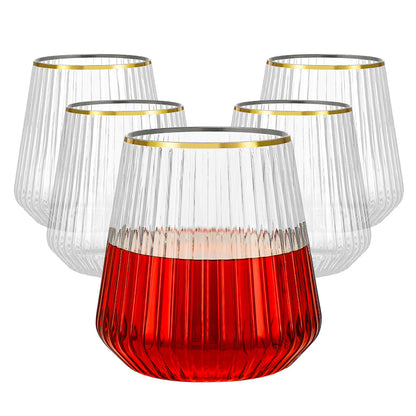 Goodluck 36 Pcs 12 oz Plastic Clear with Gold Rim Ribbed Wine Glasses for Champagne and Whiskey