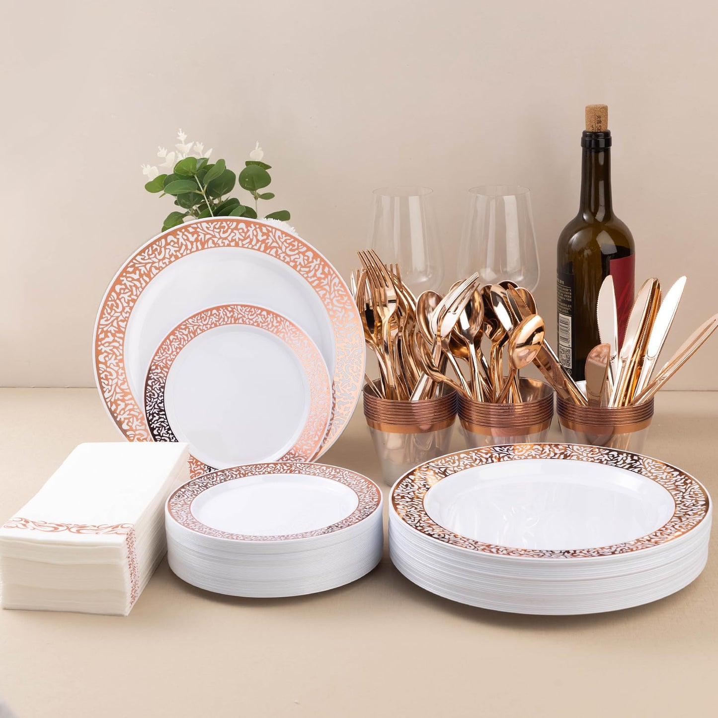 Goodluck 700-Piece Disposable Relief Rose Gold Plastic Dinnerware Set for 100 Guests