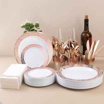 Goodluck 700-Piece Disposable Relief Rose Gold Plastic Dinnerware Set for 100 Guests
