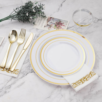 Goodluck Disposable White with Double Gold Rim Plastic Dinnerware Set
