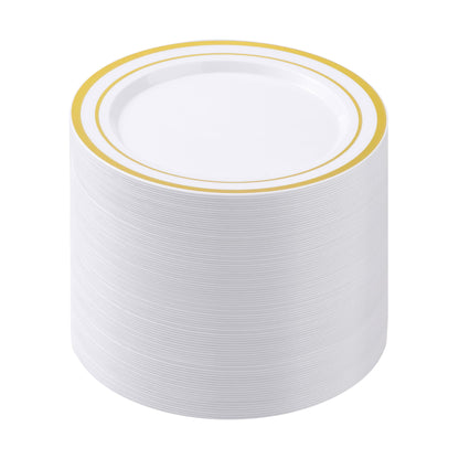 Goodluck 10.25 Inch White with Double Gold Rim Plastic Plates for Party