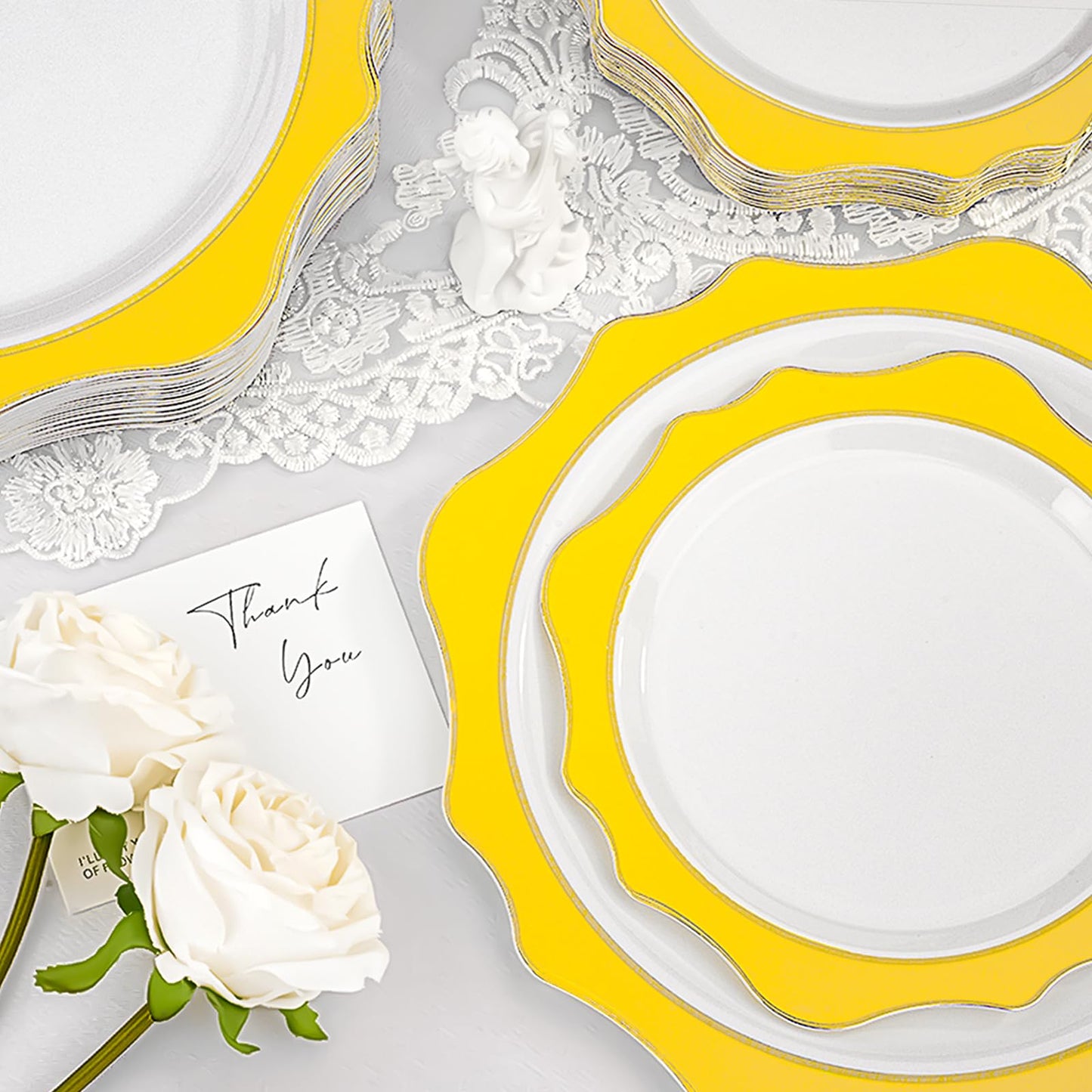 Goodluck 100 PCS White with Yellow Rim Disposable Scalloped Plastic Plates for Party, Wedding, and Graduation