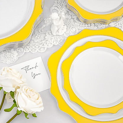 Goodluck 100 PCS White with Yellow Rim Disposable Scalloped Plastic Plates for Party, Wedding, and Graduation