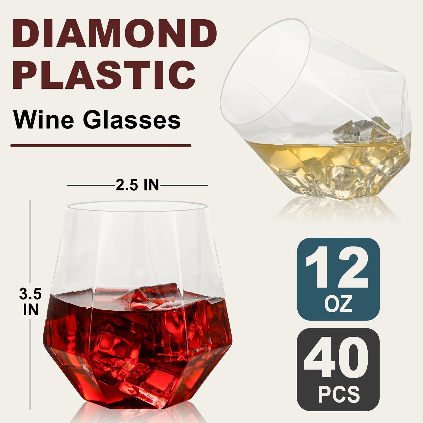 Goodluck 40 Pack 12 Oz Diamond Stemless Clear Plastic Wine for Whiskey or Cocktail