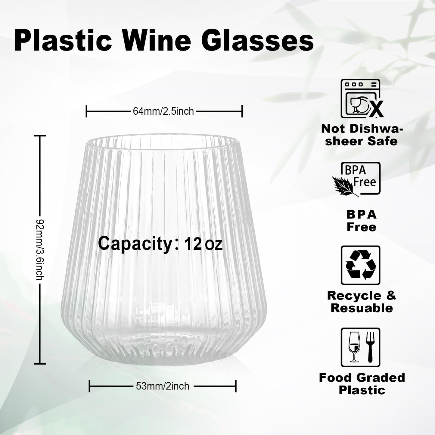 Goodluck 36 Pcs 12 oz Plastic Clear Ribbed Wine Glasses for Champagne and Whiskey