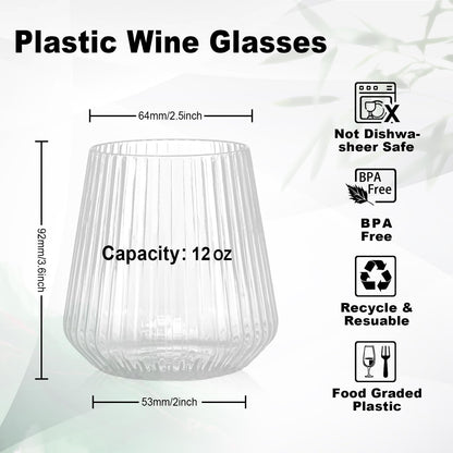 Goodluck 36 Pcs 12 oz Plastic Clear Ribbed Wine Glasses for Champagne and Whiskey