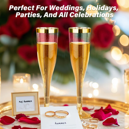 Goodluck 6.5 oz Disposable Plastic Gold Glitter Champagne Flutes with Gold Rim for Wedding, Engagement, Party, Mimosa Bar