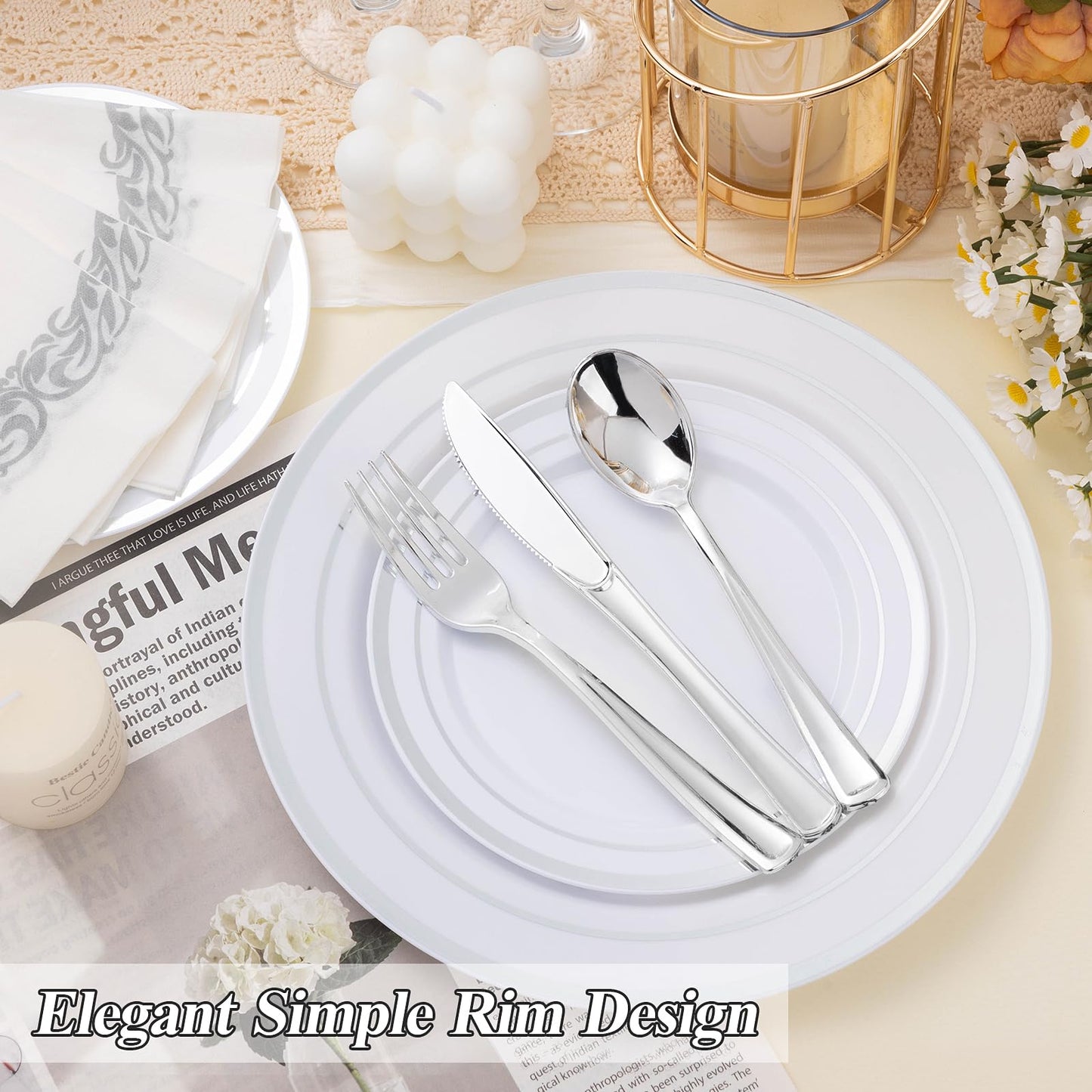 Goodluck 200-Piece White with Double Silver Rims Plastic Plates Set for Parties