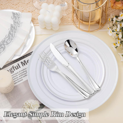 Goodluck 200-Piece White with Double Silver Rims Plastic Plates Set for Parties