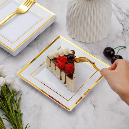 Goodluck 120 Pieces Gold Square Plastic Plates with Forks for 60 Guests
