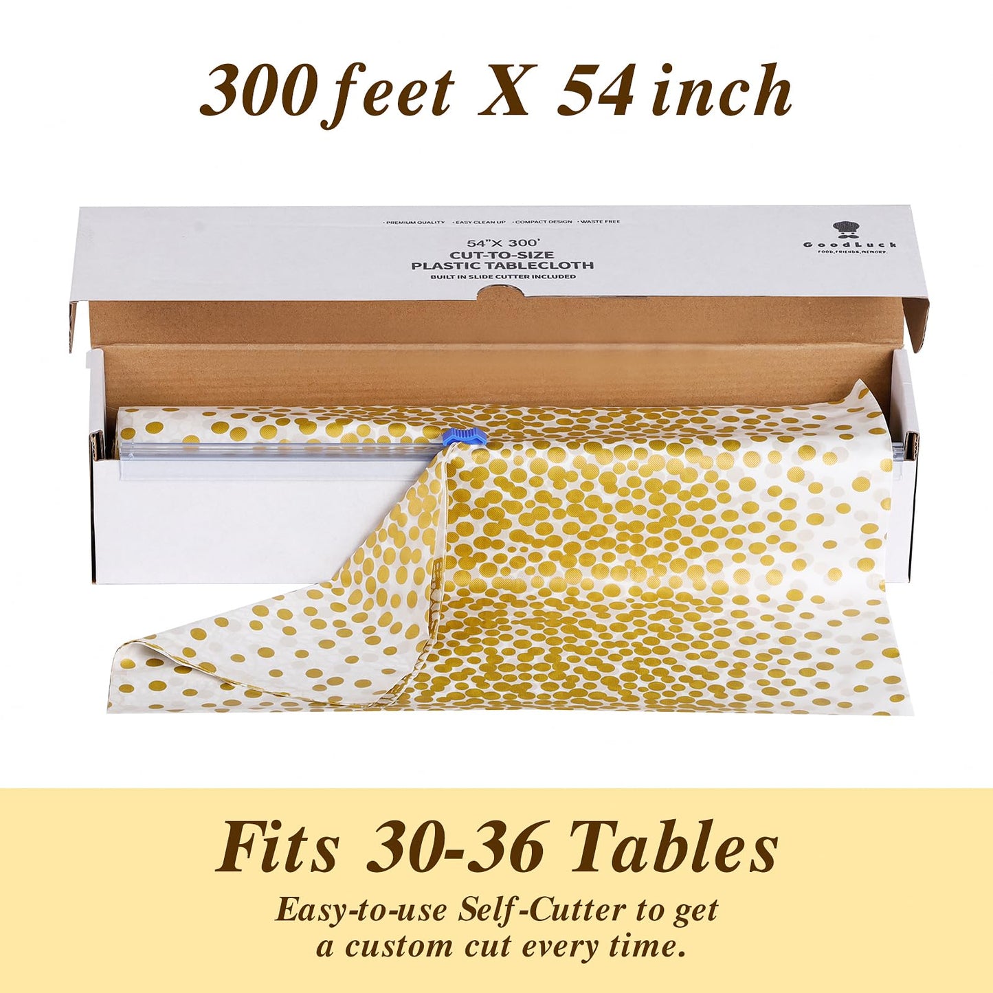 Goodluck 54 Inch X 300 Feet White Gold Dot Plastic Table Cloths with Cutter Box