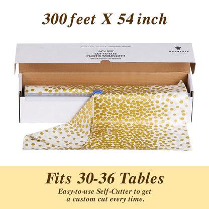 Goodluck 54 Inch X 300 Feet White Gold Dot Plastic Table Cloths with Cutter Box