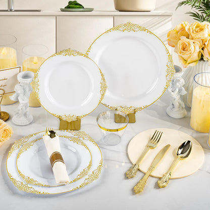 Goodluck 350PCS Disposable Retro White with Gold Rim Plastic Dinnerware for 50 Guests