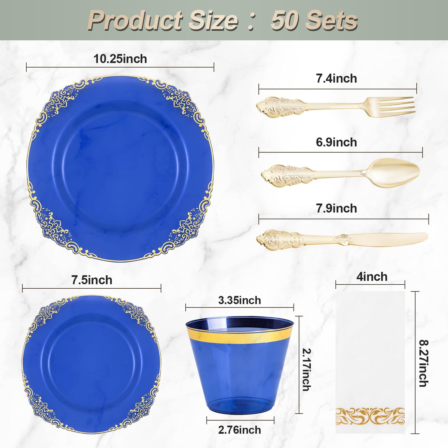 Goodluck Disposable Clear Blue with Gold Rim Plastic Dinnerware Sets