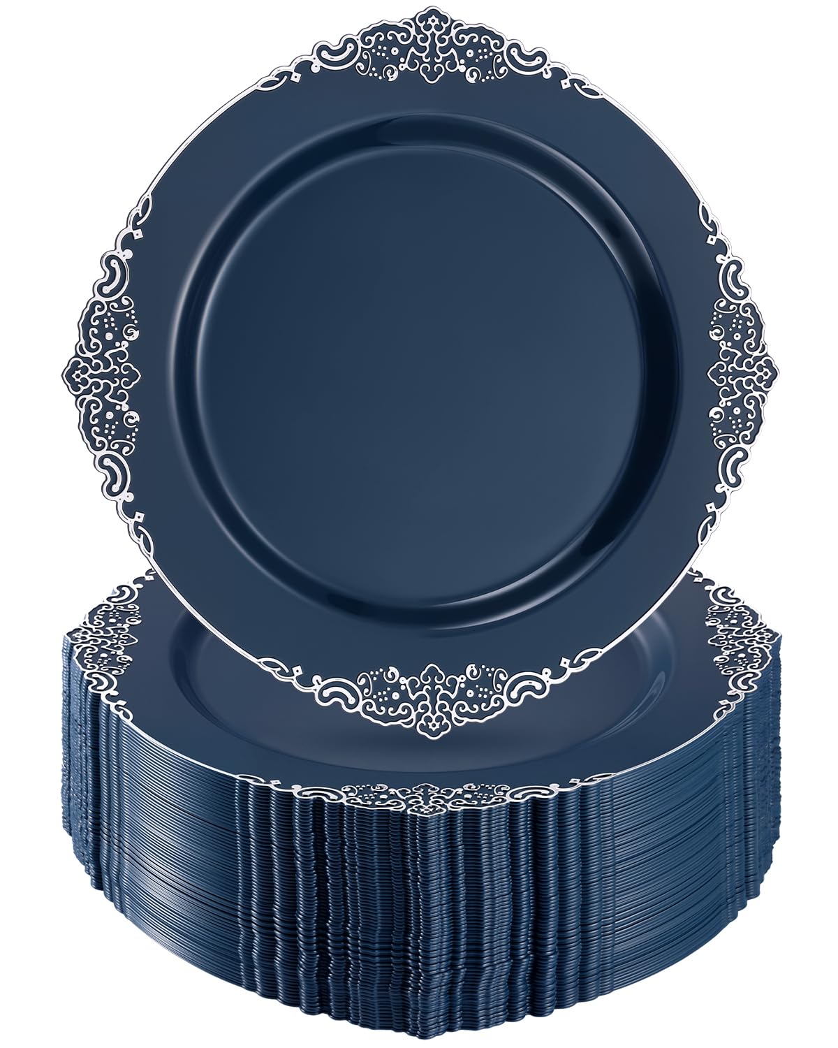 Goodluck 100PCS Heavy Duty Disposable Navy Blue Plastic Plates with Vintage Silver Trim for Weddings, Parties, Events
