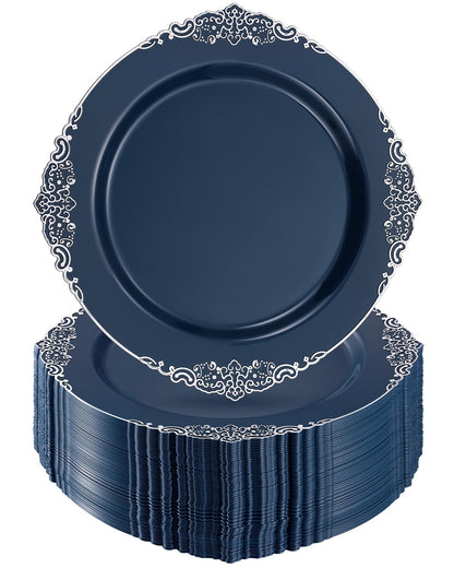 Goodluck 100PCS Heavy Duty Disposable Navy Blue Plastic Plates with Vintage Silver Trim for Weddings, Parties, Events