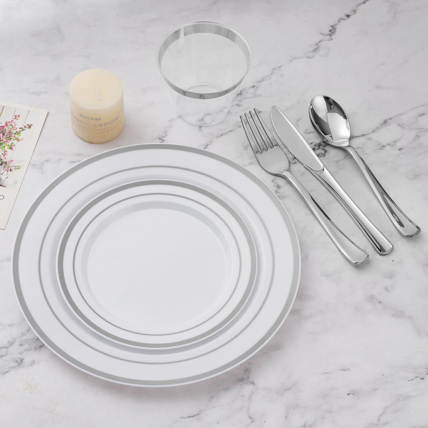 Goodluck 600-Piece Disposable Double Silver Rim Plastic Dinnerware Set for 100 Guests