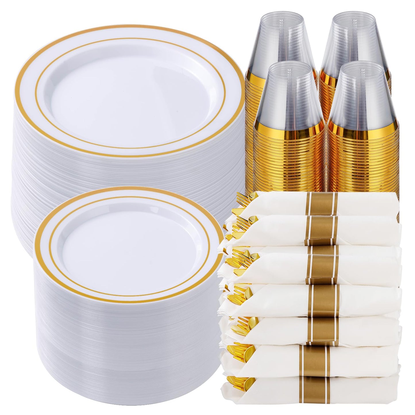 Goodluck Disposable White with Double Gold Rim Pre-Rolled Napkins Plastic Dinnerware Set