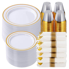 Goodluck Disposable White with Double Gold Rim Pre-Rolled Napkins Plastic Dinnerware Set