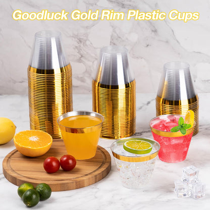 Goodluck 9oz Disposable Gold Rim Plastic Cups for Wedding, Thanksgiving, Christmas, and Parties