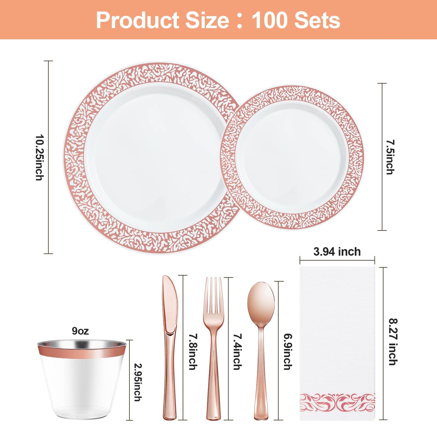Goodluck 700-Piece Disposable Relief Rose Gold Plastic Dinnerware Set for 100 Guests