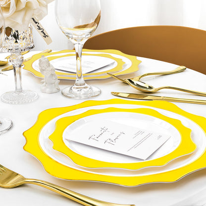 Goodluck 100 PCS White with Yellow Rim Disposable Scalloped Plastic Plates for Party, Wedding, and Graduation