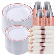 Goodluck Disposable Rose Gold Plastic Dinnerware Set with Pre-Rolled Napkins
