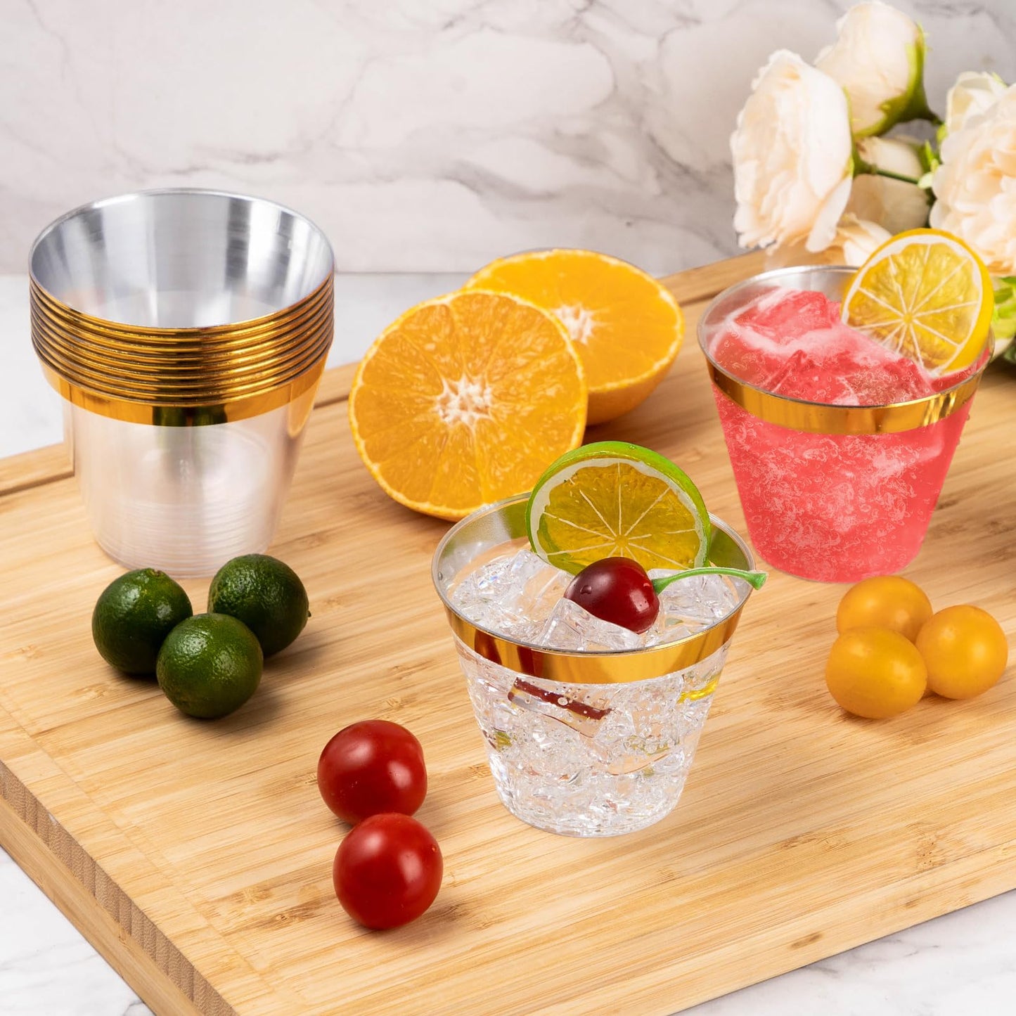 Goodluck 9oz Disposable Gold Rim Plastic Cups for Wedding, Thanksgiving, Christmas, and Parties