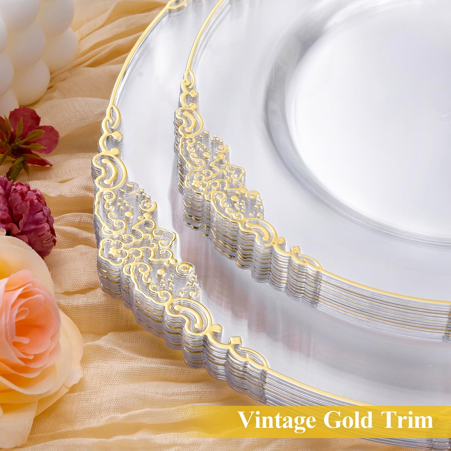 Goodluck 200 PCS Disposable Clear with Gold Rim Plastic Plates for 100 Guests