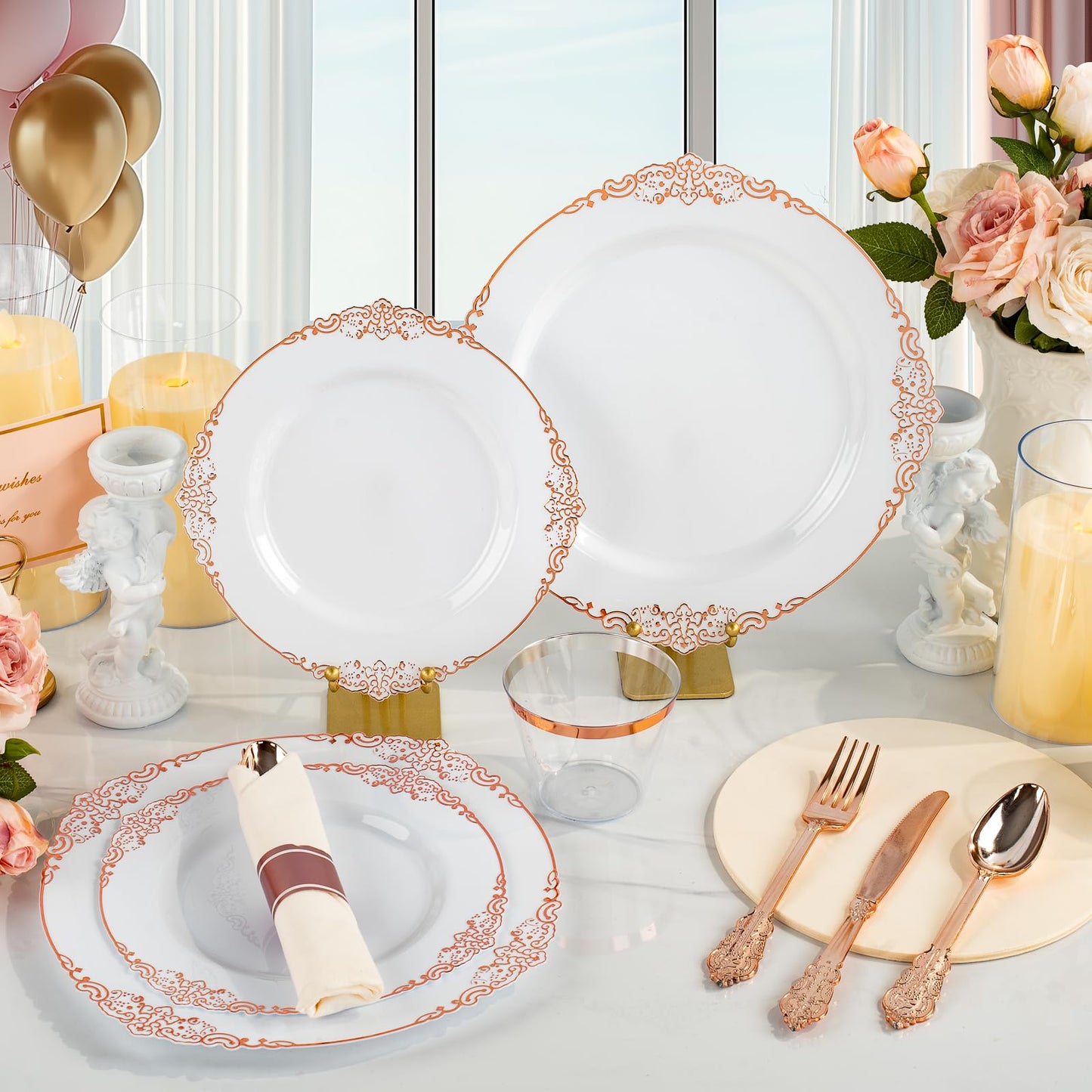Goodluck 350PCS Disposable Rose Gold Plastic Dinnerware Sets for 50 Guests