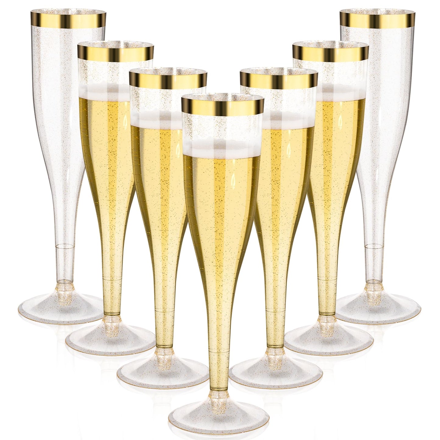 Goodluck 6.5 oz Disposable Plastic Gold Glitter Champagne Flutes with Gold Rim for Wedding, Engagement, Party, Mimosa Bar