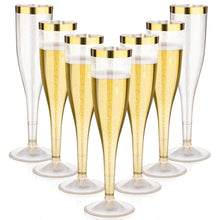 Goodluck 6.5 oz Disposable Plastic Gold Glitter Champagne Flutes with Gold Rim for Wedding, Engagement, Party, Mimosa Bar