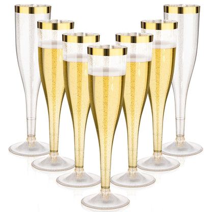 Goodluck 6.5 oz Disposable Plastic Gold Glitter Champagne Flutes with Gold Rim for Wedding, Engagement, Party, Mimosa Bar