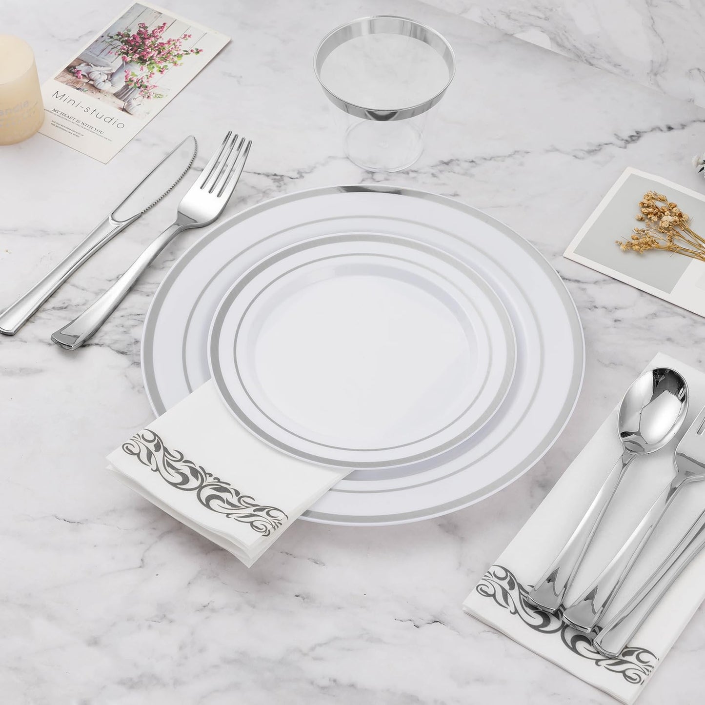 Goodluck 700-Piece Disposable Silver Plastic Dinnerware Set for 100 Guests