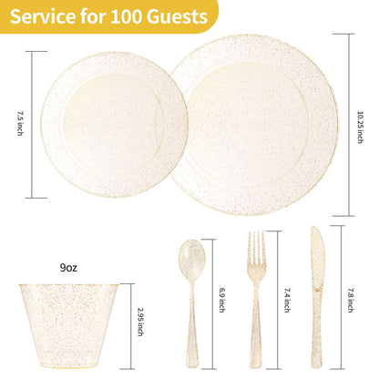 Goodluck 600 Piece Disposable Gold Glitter Dinnerware Plastic Set for 100 Guests