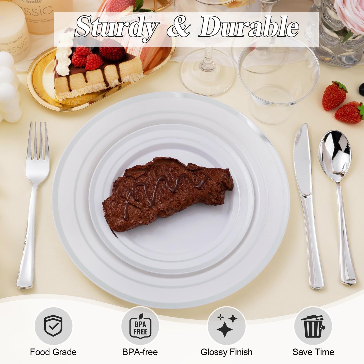 Goodluck 200-Piece White with Double Silver Rims Plastic Plates Set for Parties
