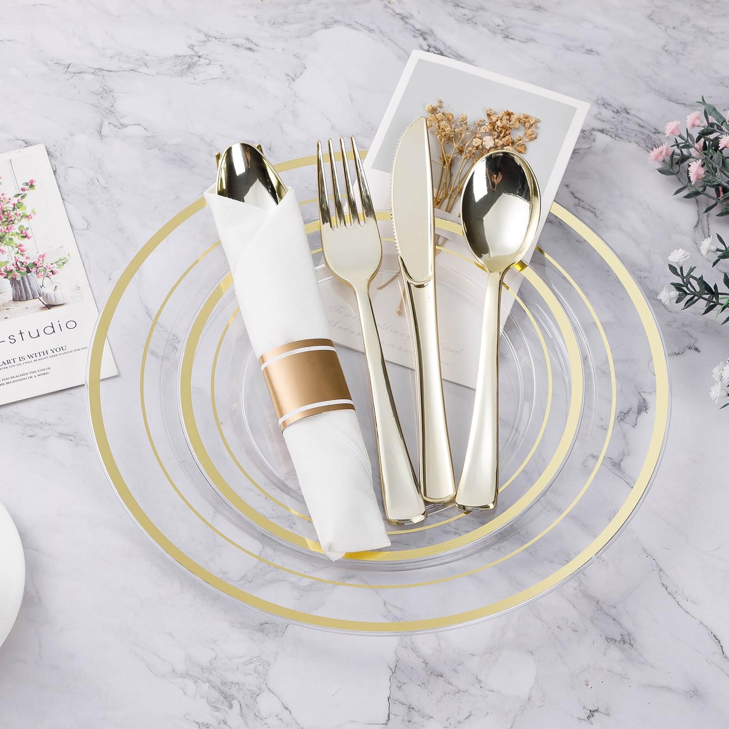Goodluck 350-Piece Disposable Clear Gold Plastic Dinnerware Set for 50 Guests