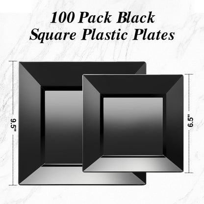 Goodluck Heavy Duty Disposable Square Black Plastic Plates for Wedding, Holiday Party, Birthday, Halloween