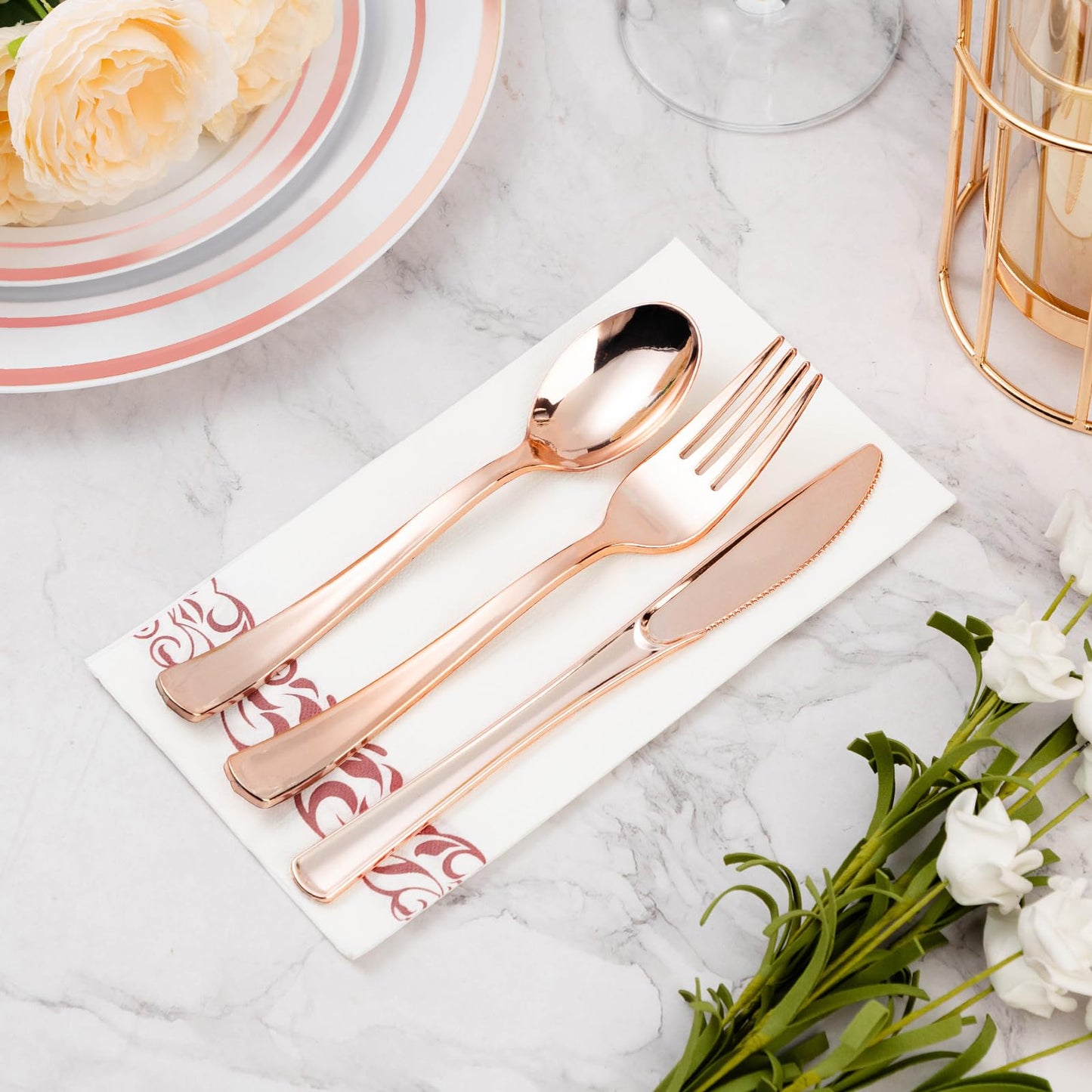 Goodluck 200 Pack 3-Ply Disposable Dinner Napkins with Rose Gold Trim Perfect for Kitchen, Dinner, Party, Wedding, or Event
