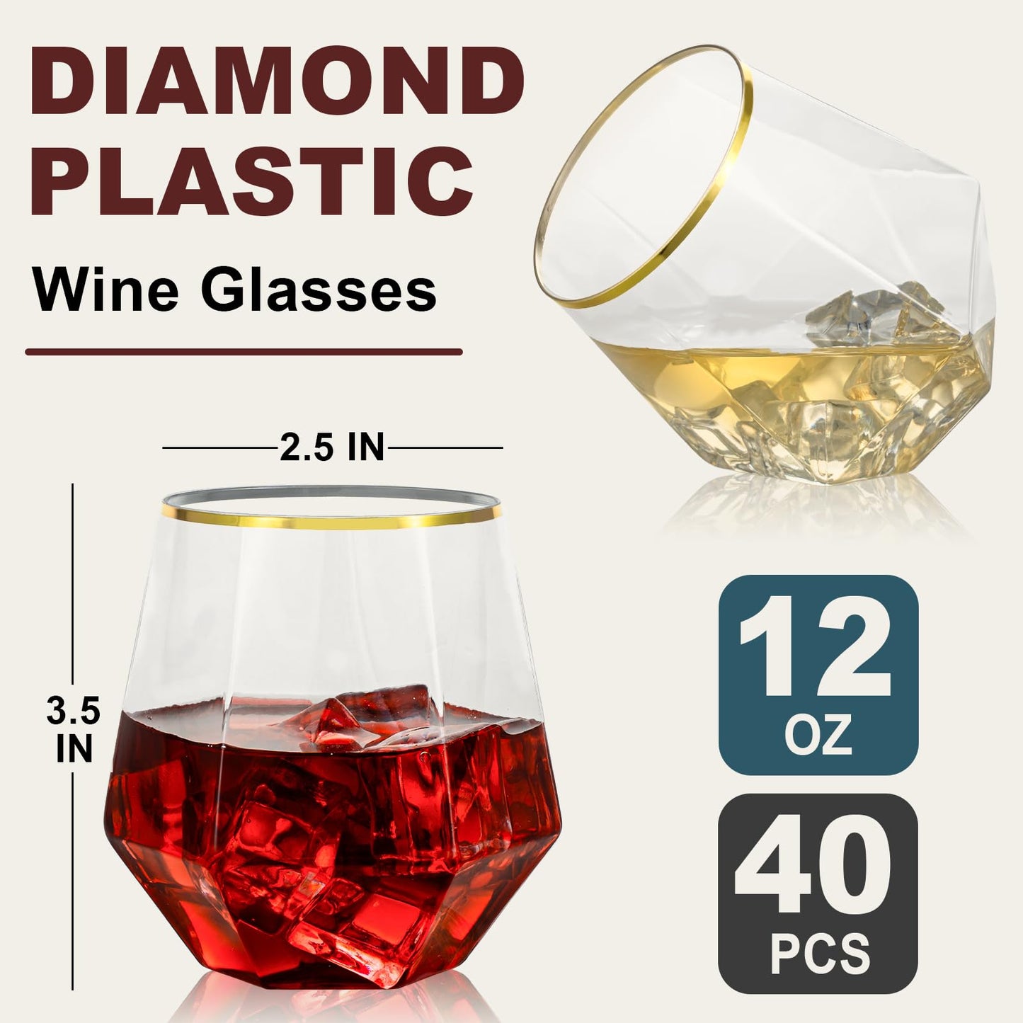 Goodluck 40 Pack 12 Oz Diamond Stemless Plastic Wine with Gold Rim Glasses for Whiskey or Cocktail