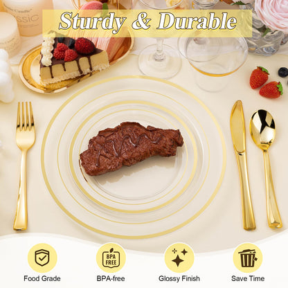 Goodluck 200-Piece Disposable Clear with Double Gold Rim Plastic Plates Set for Parties