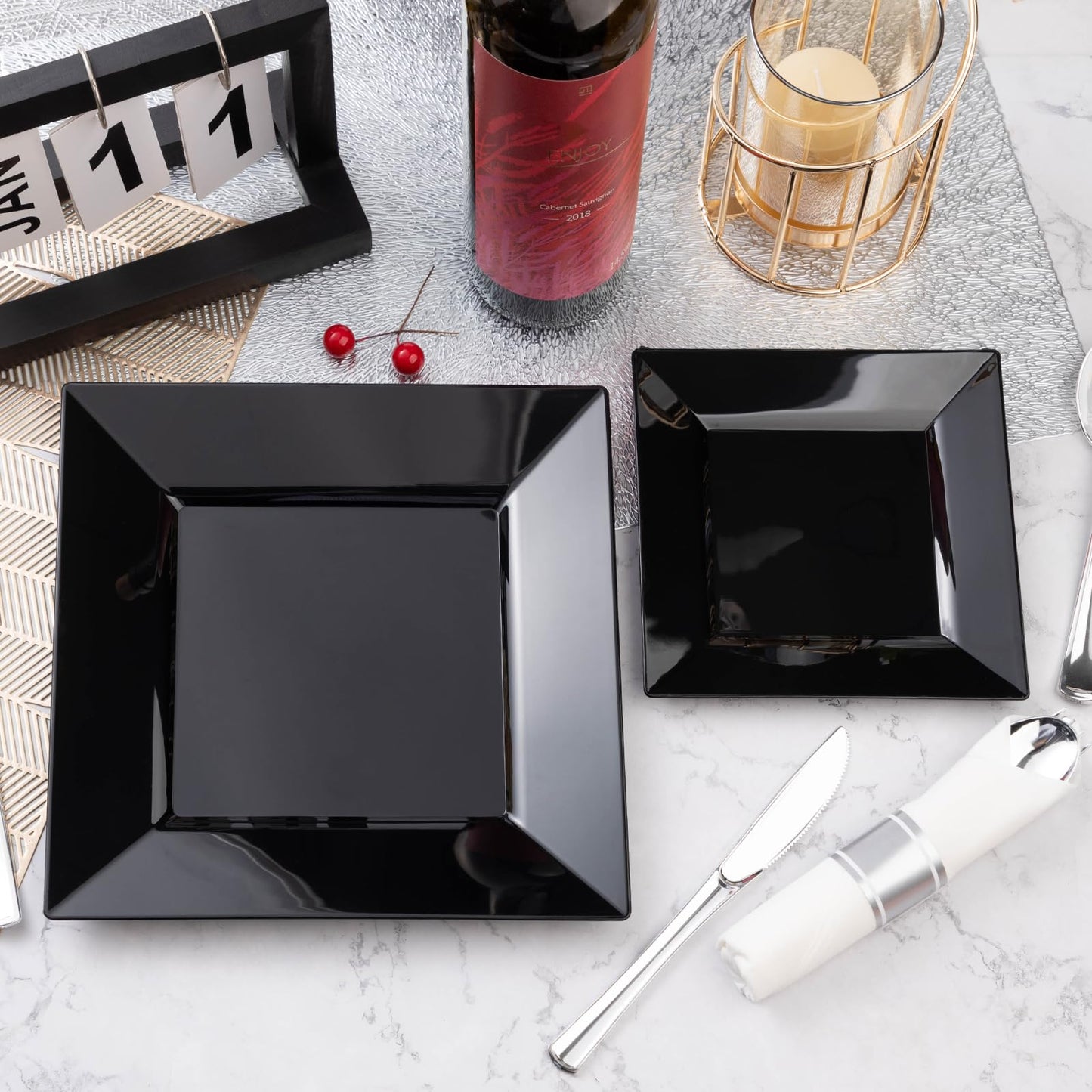 Goodluck Heavy Duty Disposable Square Black Plastic Plates for Wedding, Holiday Party, Birthday, Halloween