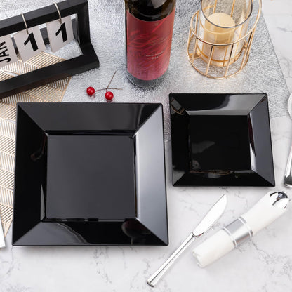 Goodluck Heavy Duty Disposable Square Black Plastic Plates for Wedding, Holiday Party, Birthday, Halloween