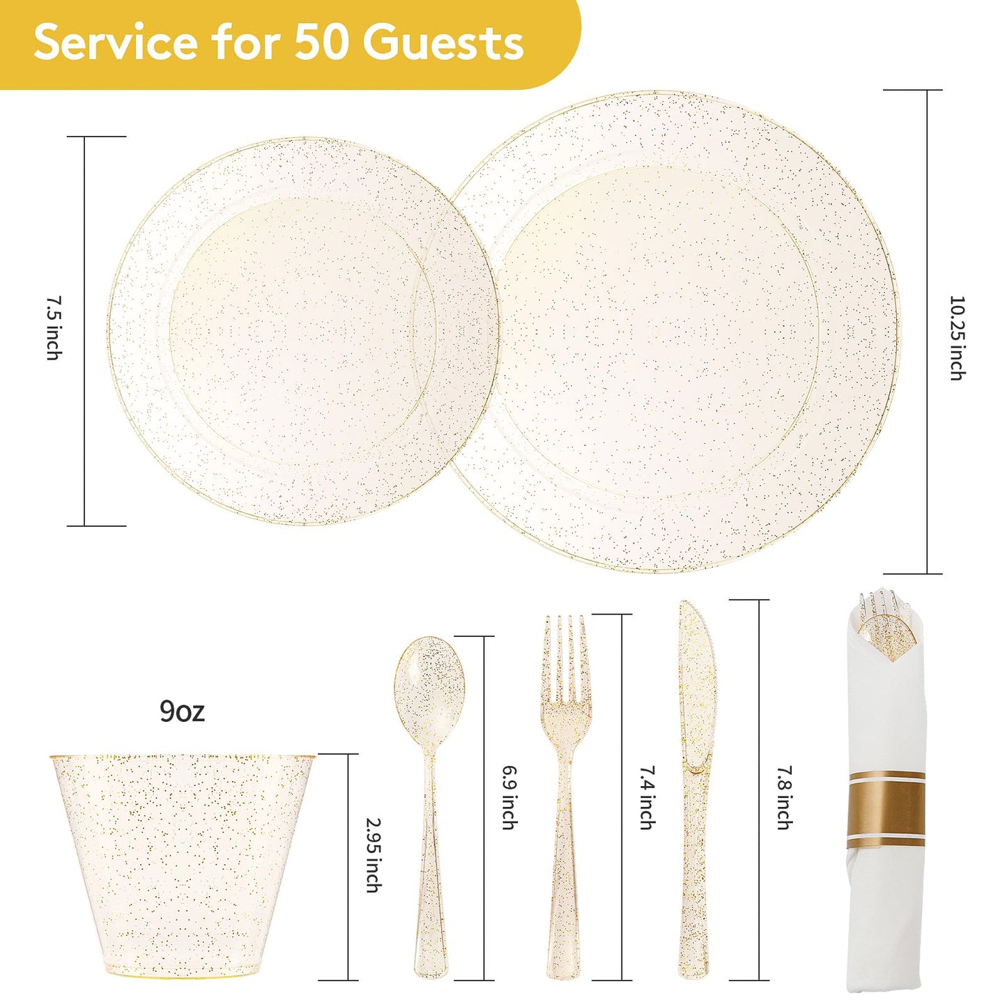 Goodluck 350 Piece Gold Glitter Plastic Dinnerware Set for 50 Guests