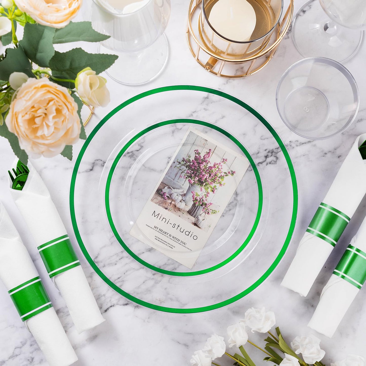Goodluck 350 Piece Disposable Clear with Green Rim Plastic Dinnerware Set for 50 Guests