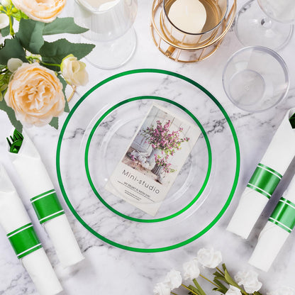 Goodluck 350 Piece Disposable Clear with Green Rim Plastic Dinnerware Set for 50 Guests