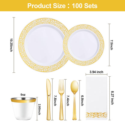 Goodluck 700PCS Disposable Gold Plastic Dinnerware Set for 100 Guests