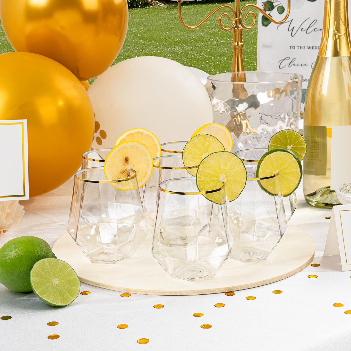 Goodluck 40 Pack 12 Oz Diamond Stemless Plastic Wine with Gold Rim Glasses for Whiskey or Cocktail