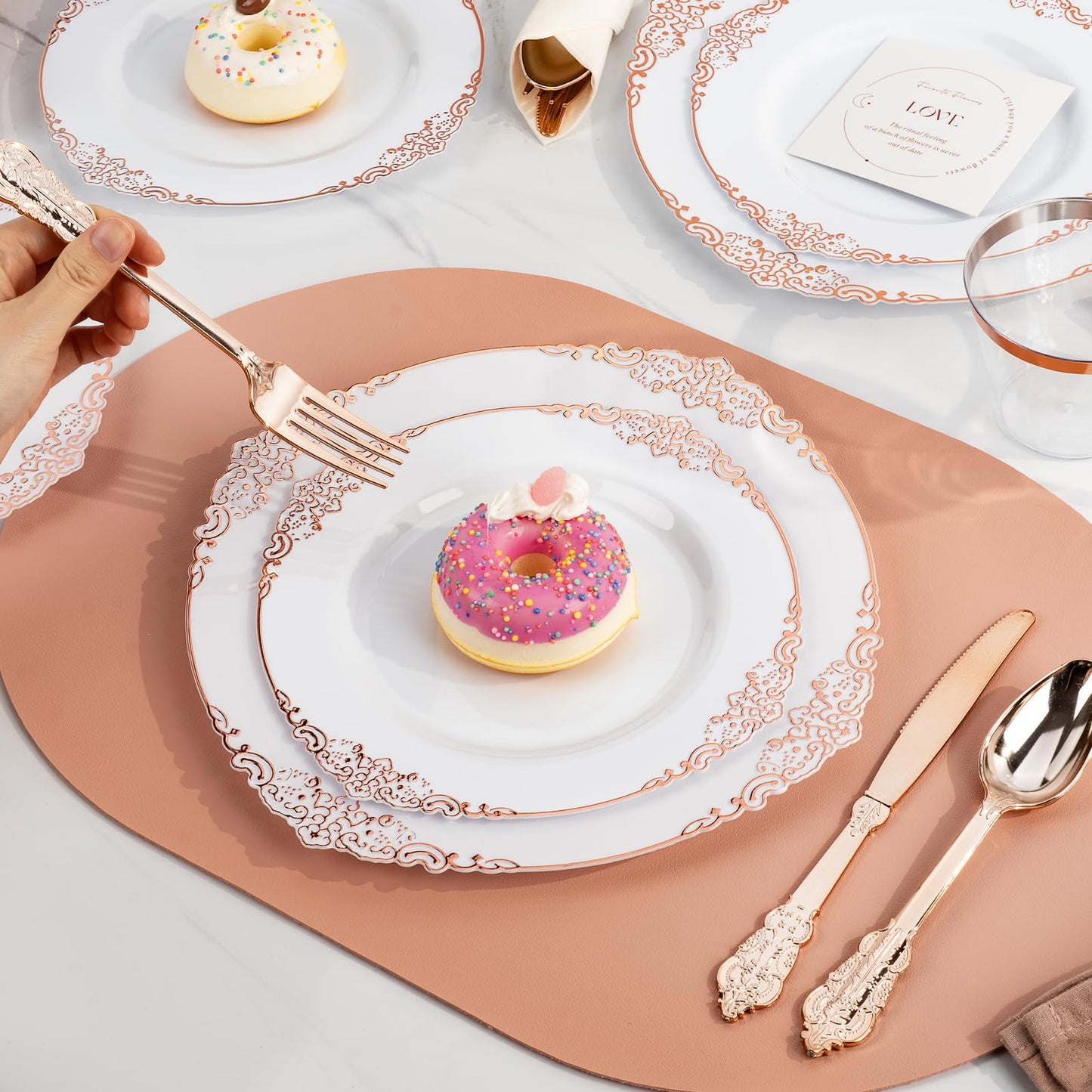 Goodluck 350PCS Disposable Rose Gold Plastic Dinnerware Sets for 50 Guests